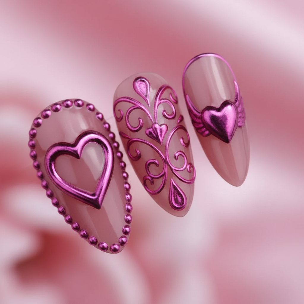 Macro close-up pink chrome 3D heart ornamental vine pearl dot coquette press-on nails — custom press-on nails pink fuchsia — LuxepressCo