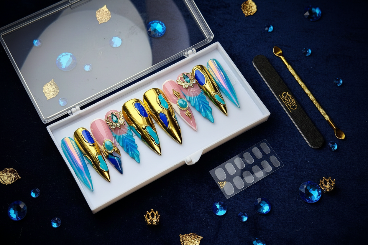 Luxury unboxing acrylic box gold chrome sapphire teal leaf goddess crown stiletto press-on nails with accessories — LuxepressCo