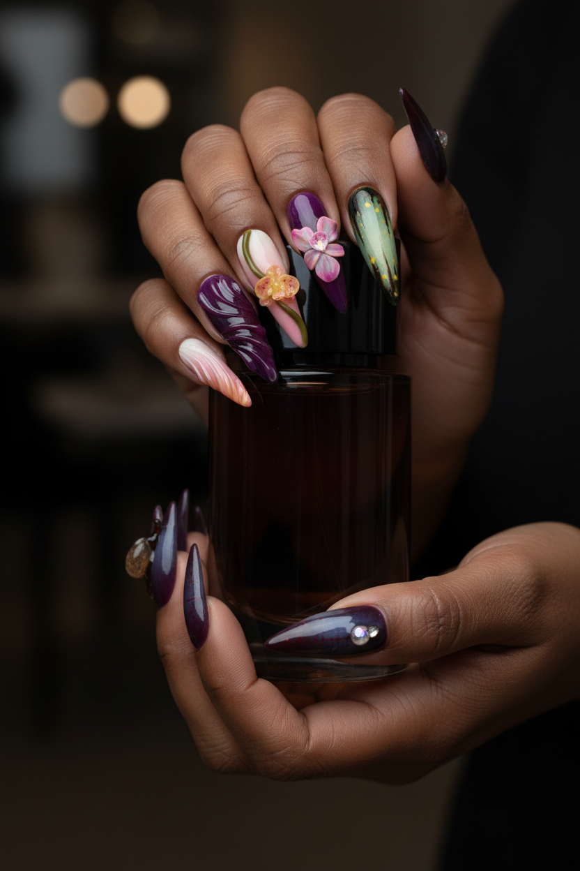 Dark-skin hands holding perfume wearing dark purple 3D floral crystal reusable press-on nails — LuxepressCo