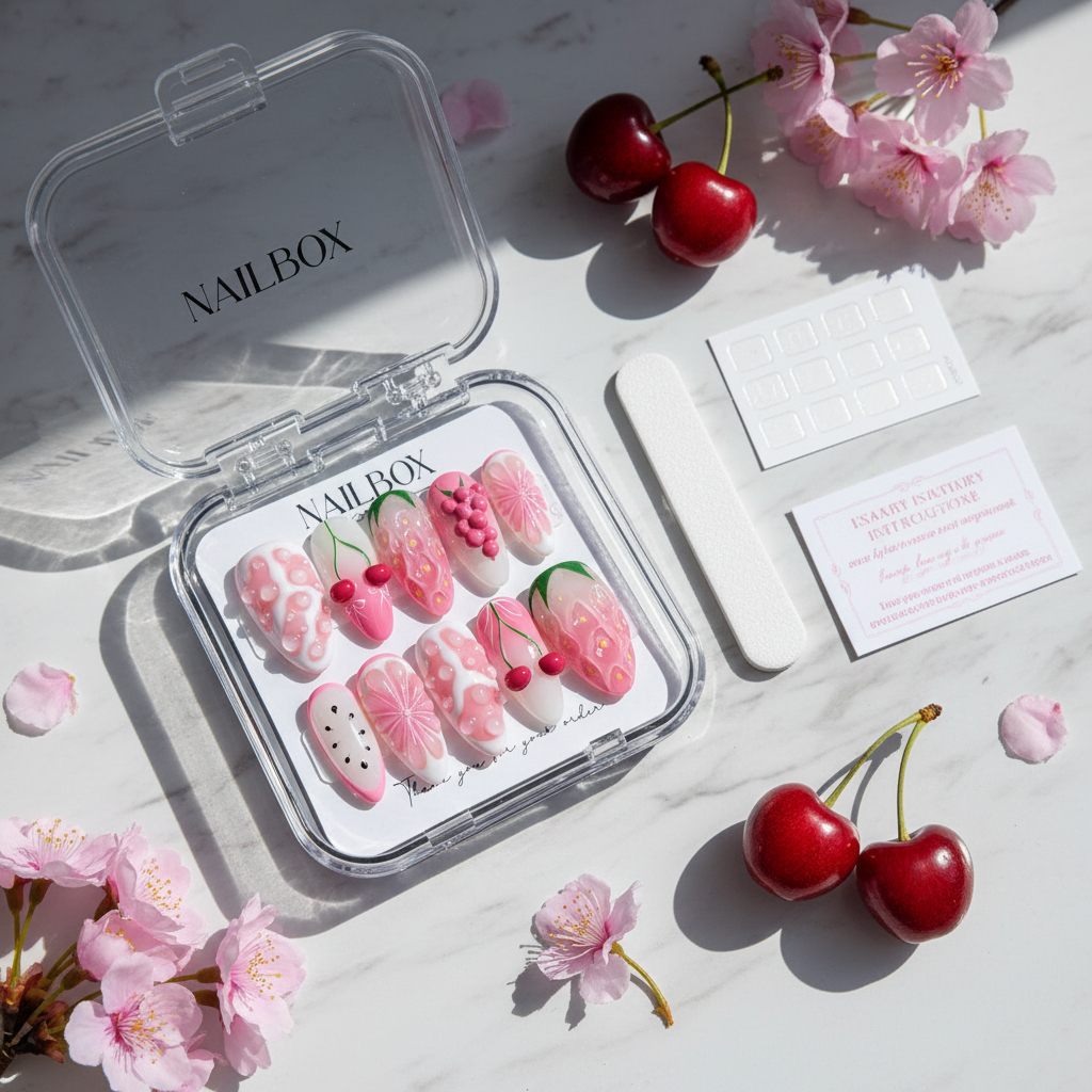 Luxury unboxing acrylic nail box pink fruit press-on nails with cherry and flower props — LuxepressCo