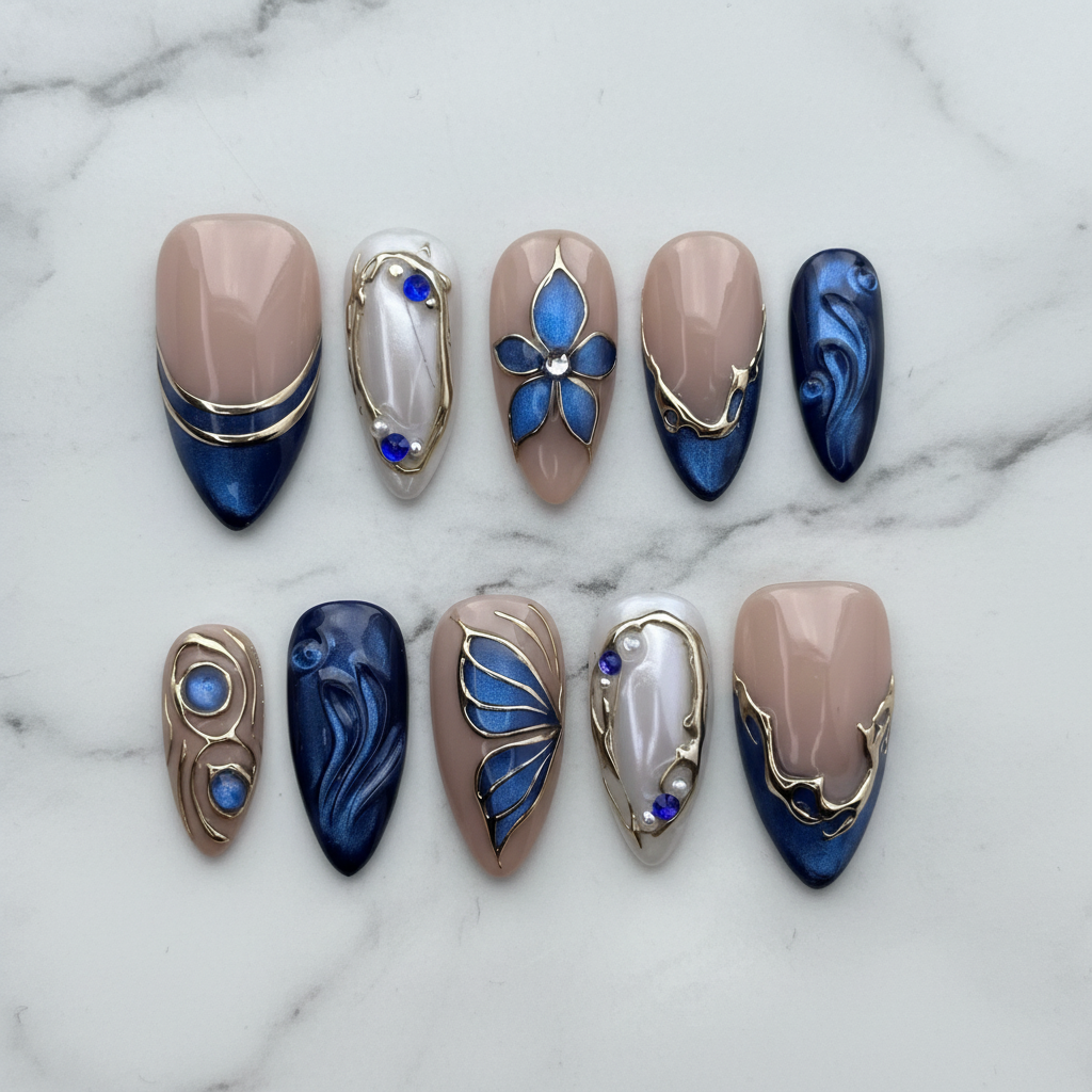 Flat lay top-down full set 10 navy blue butterfly 3D gold frame salon-quality nails white marble — LuxepressCo