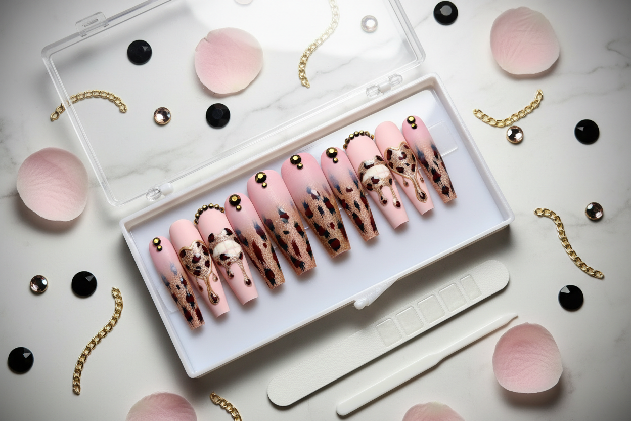 Luxury unboxing acrylic box pink leopard rose gold glitter drip press-on nails with accessories — LuxepressCo