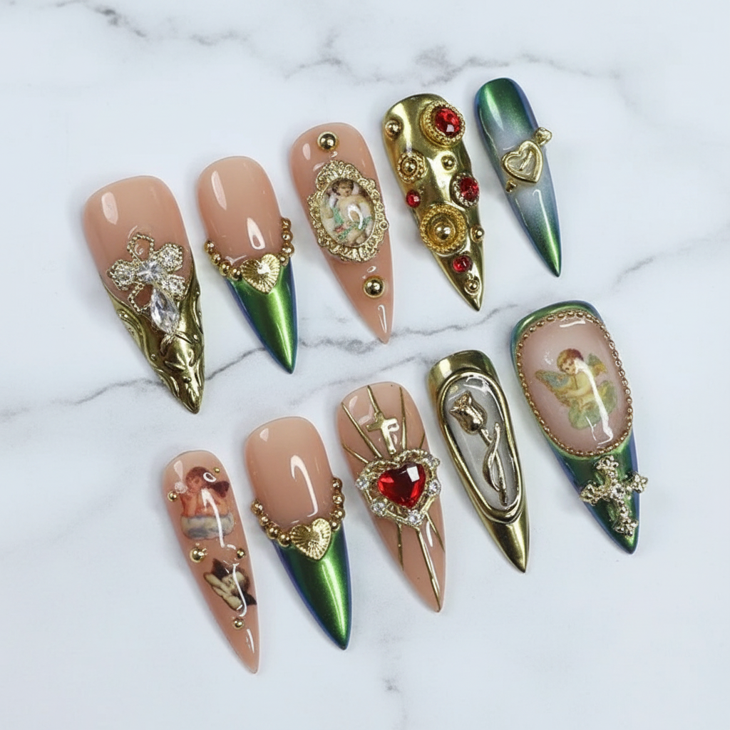 Cherub angel green chrome baroque gold heart crystal custom press-on nails full set on white marble — LuxepressCo