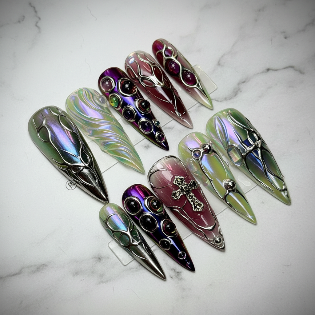 Gothic chrome stiletto custom press-on nails full set burgundy aurora green — LuxepressCo