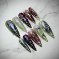 Gothic chrome stiletto custom press-on nails full set burgundy aurora green — LuxepressCo
