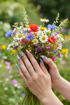 Light-skin hands holding wildflowers wearing nude watercolor bubble 3D floral silver charm custom press-on nails — LuxepressCo
