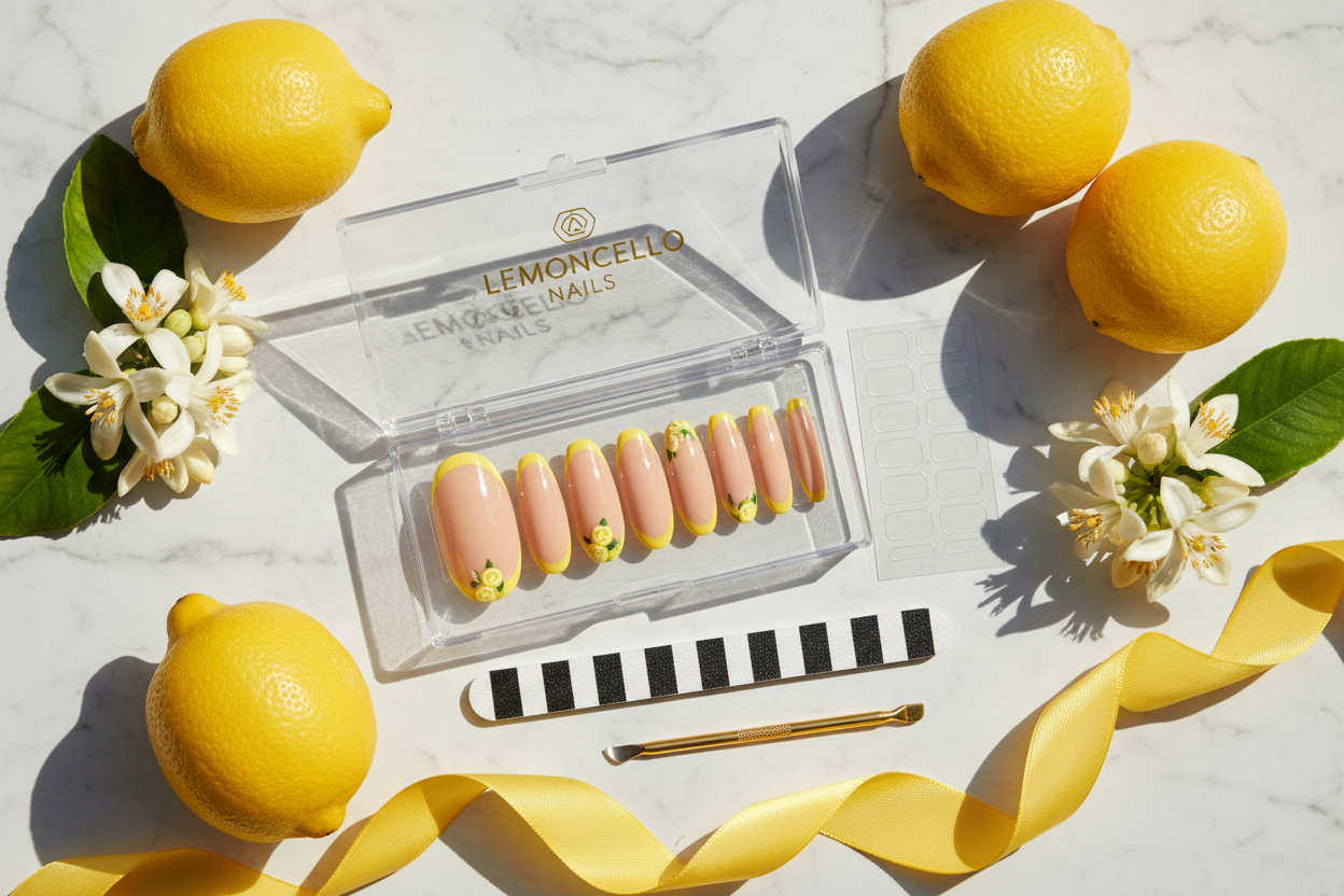 Luxury acrylic box unboxing nude beige yellow French tip hand-painted lemon citrus almond custom press-on nails with accessories — LuxepressCo