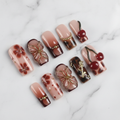 Dark floral cherry 3D gold flower custom press-on nails brown ombré full set flat lay — LuxepressCo