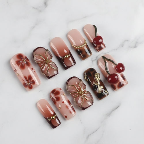 Dark floral cherry 3D gold flower custom press-on nails brown ombré full set flat lay — LuxepressCo