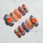 3D hibiscus Talavera folk art custom press-on nails orange French tip navy blue botanical — LuxepressCo
