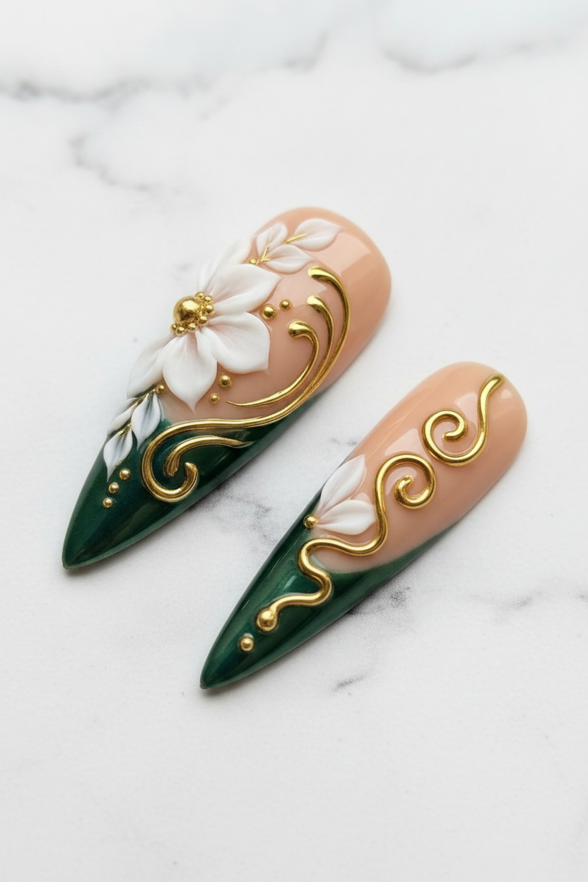 Close-up stiletto press-on nails nude blush forest green 3D floral gold swirl texture gloss — LuxepressCo
