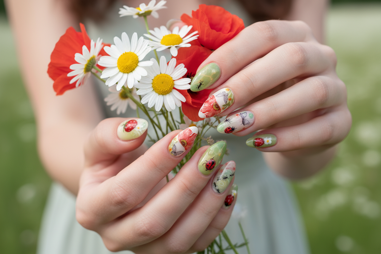 Fair-skin hands wearing strawberry ladybug garden cottagecore custom press-on nails holding wildflower daisy bouquet — LuxepressCo