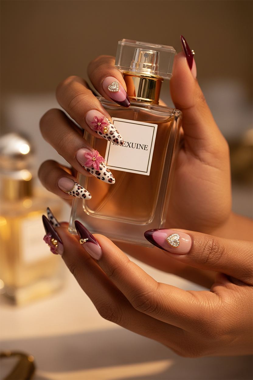 Dark-skin hands holding perfume wearing leopard mauve gold charm reusable press-on nails — LuxepressCo