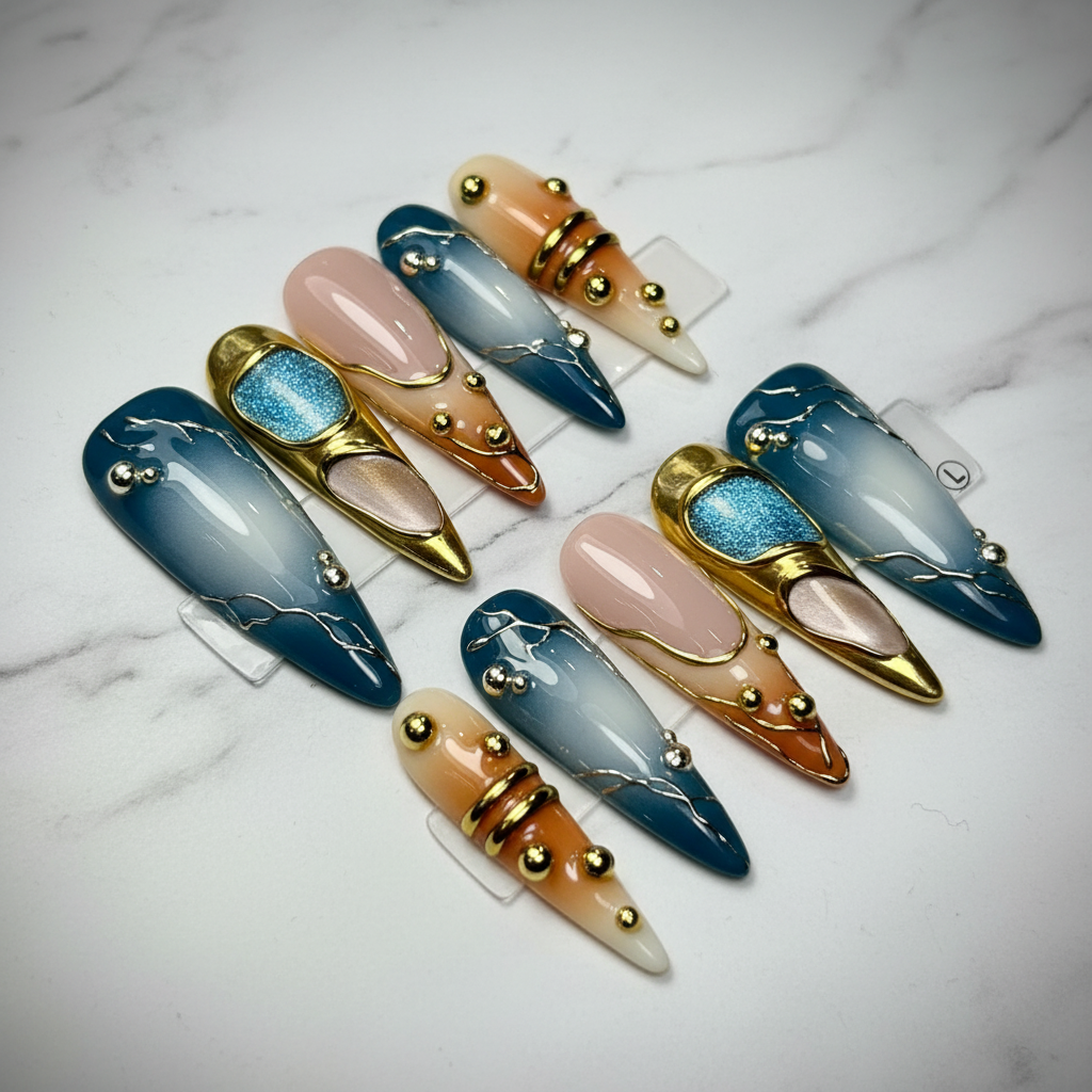 Teal blue peach ombre galaxy gold chrome frame marble custom press-on nails full set — LuxepressCo