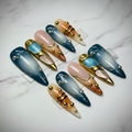 Teal blue peach ombre galaxy gold chrome frame marble custom press-on nails full set — LuxepressCo