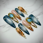 Teal blue peach ombre galaxy gold chrome frame marble custom press-on nails full set — LuxepressCo