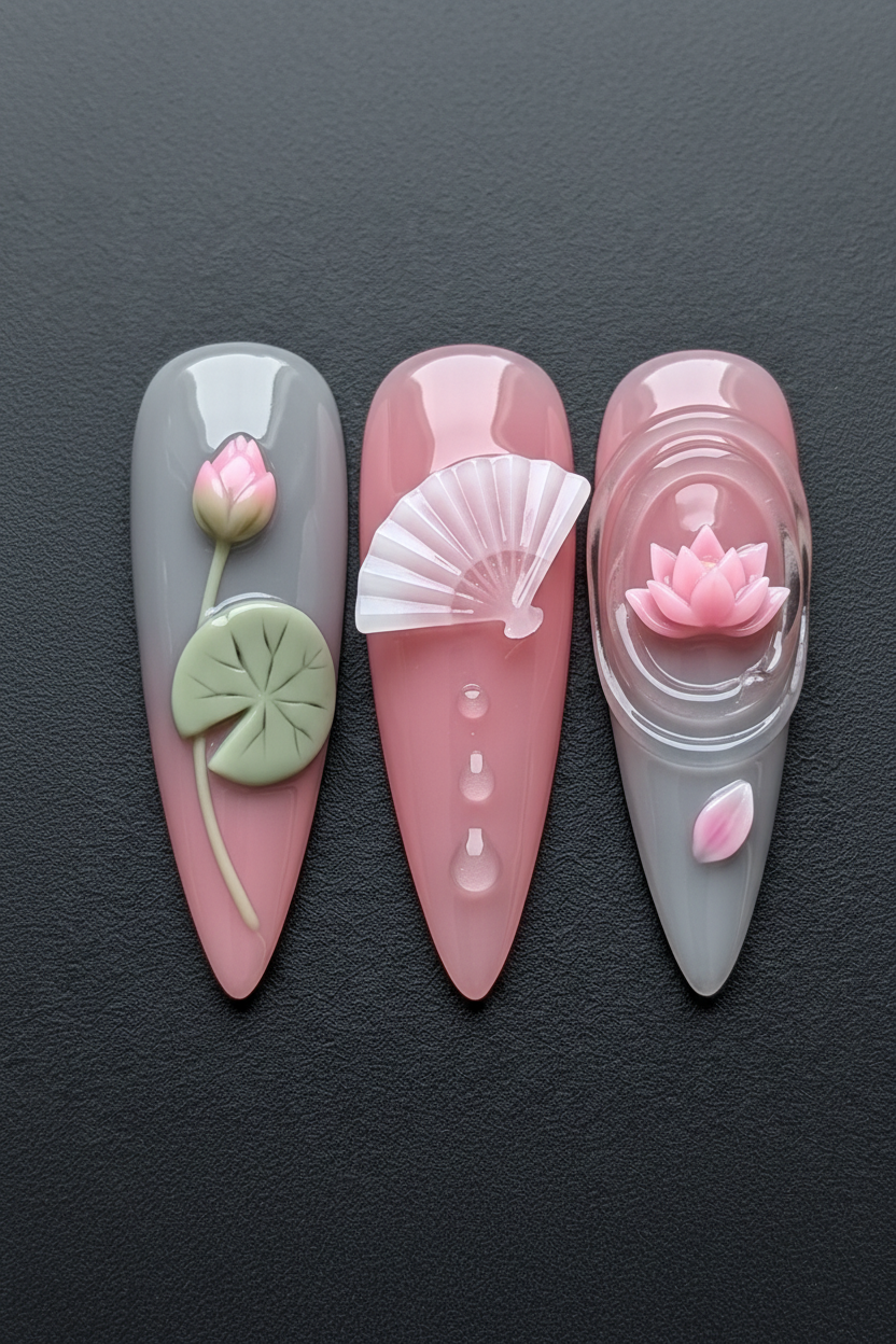 Macro close-up 3D sculpted lotus flower press-on nails pink dramatic lighting custom press-on nails — LuxepressCo