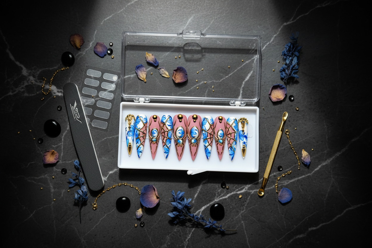 Luxury unboxing acrylic box mauve gold kintsugi blue porcelain spider press-on nails with accessories — LuxepressCo