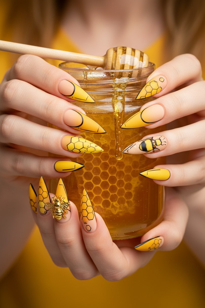 Fair-skin lifestyle bumblebee honeycomb honey drip 3D gold bee custom press-on nails holding honey jar — LuxepressCo
