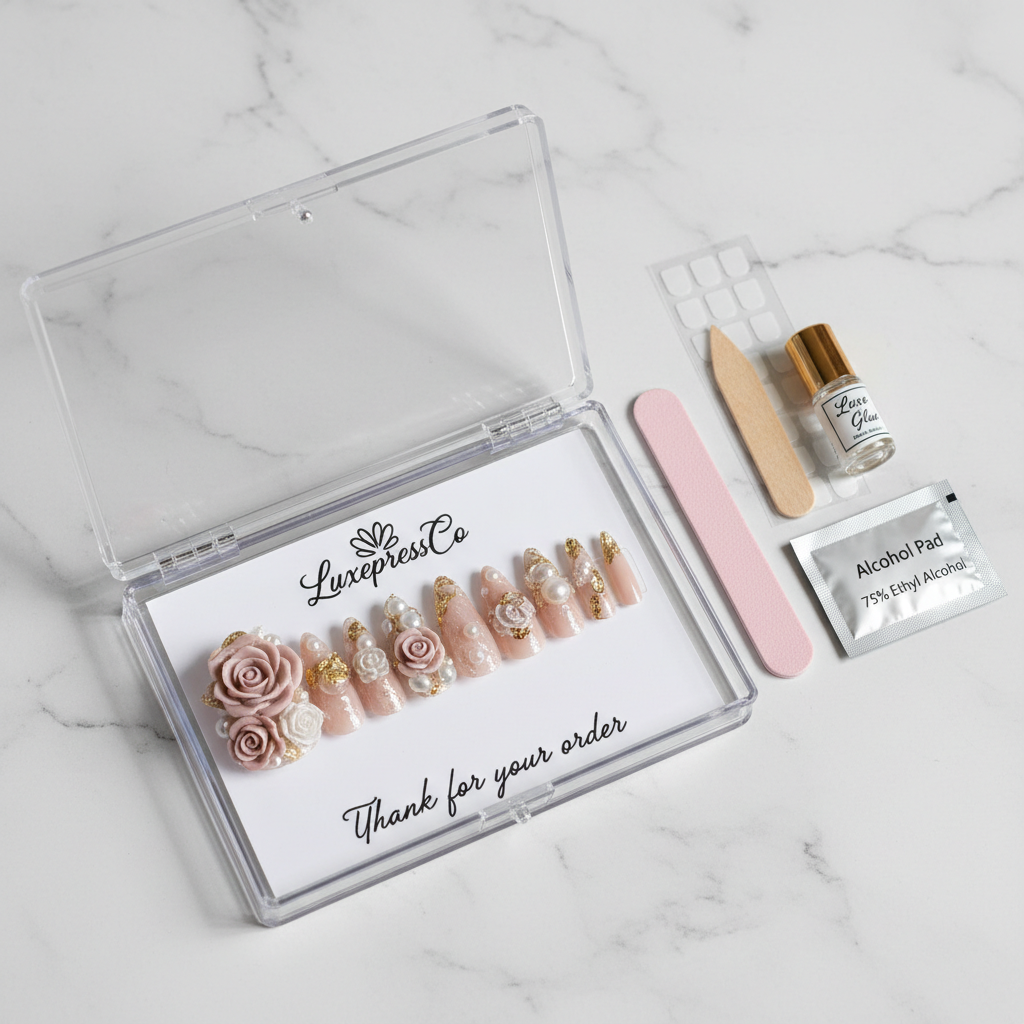 Luxury unboxing acrylic hinged box 3D floral butterfly orchid maximalist press-on nails with accessories — LuxepressCo