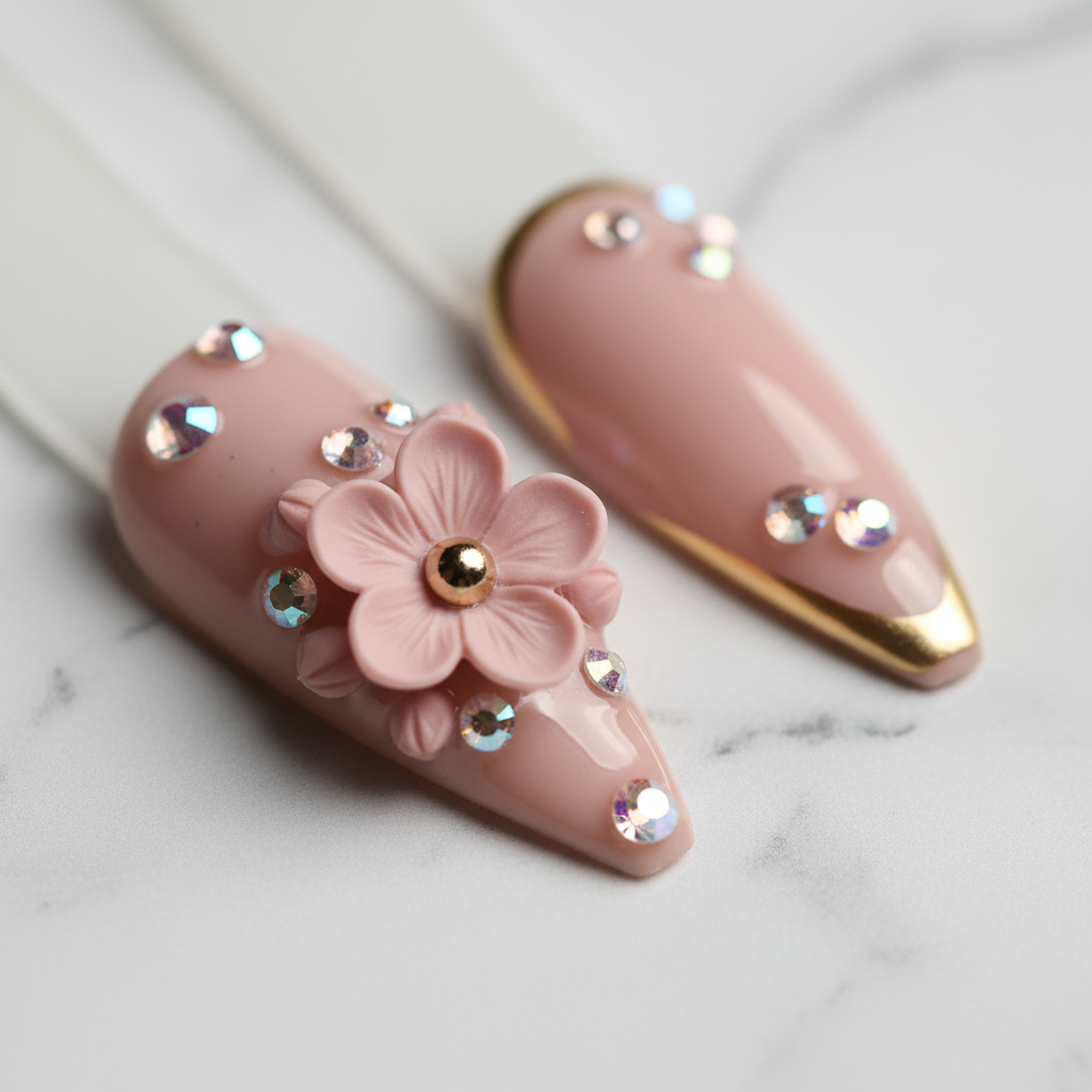 3D pink flower gold center aurora rhinestone nude custom press-on nails macro marble — LuxepressCo