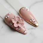 3D pink flower gold center aurora rhinestone nude custom press-on nails macro marble — LuxepressCo