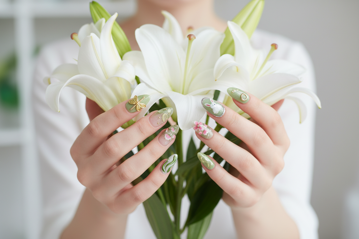 Fair-skin hands wearing sage green dragonfly floral botanical custom press-on nails holding white lilies — LuxepressCo