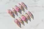 Full set 10 3D floral stiletto custom press-on nails pink rose calla lily gold vine pearl — LuxepressCo