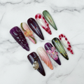 Full set 10 dark amethyst purple 3D floral crystal charm stiletto custom press-on nails on marble — LuxepressCo