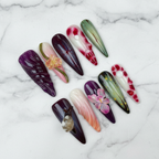 Full set 10 dark amethyst purple 3D floral crystal charm stiletto custom press-on nails on marble — LuxepressCo