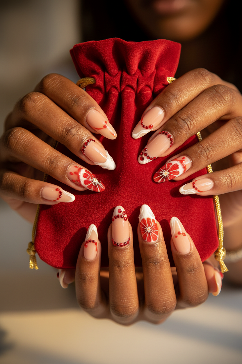 Dark skin hands wearing cherry blood orange ruby rhinestone custom press-on nails holding red velvet jewelry pouch — LuxepressCo