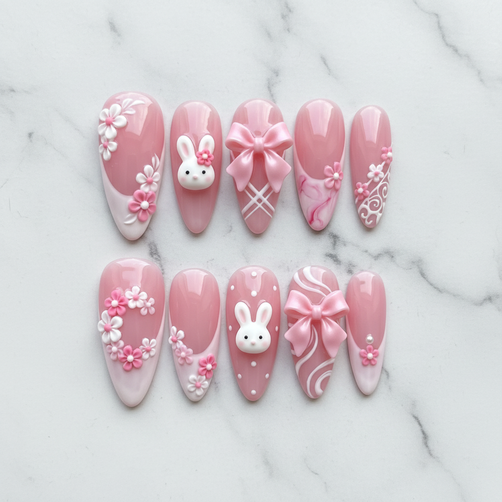 Flat lay top-down full set 10 pink 3D bunny bow floral press-on nails white marble reusable nails — LuxepressCo