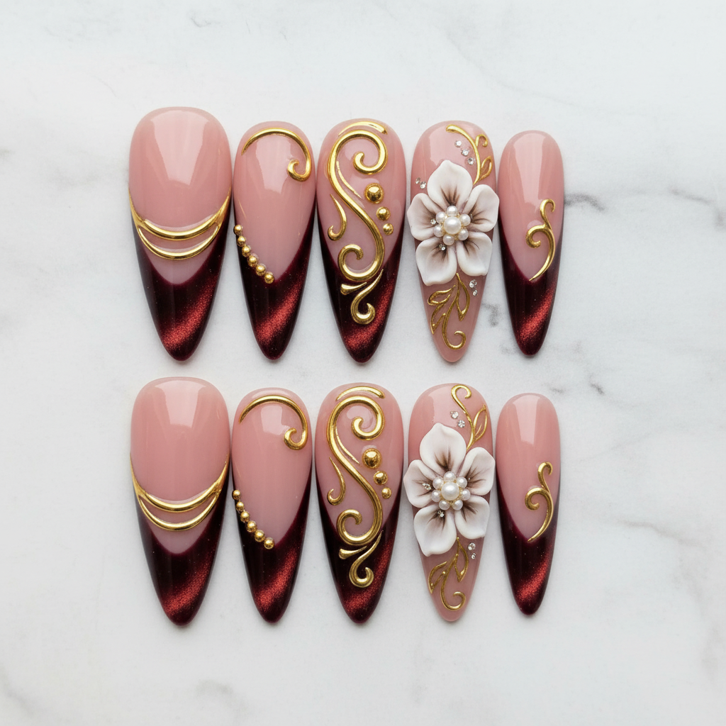 Flat lay top-down full set 10 burgundy gold 3D floral reusable nails white marble — LuxepressCo