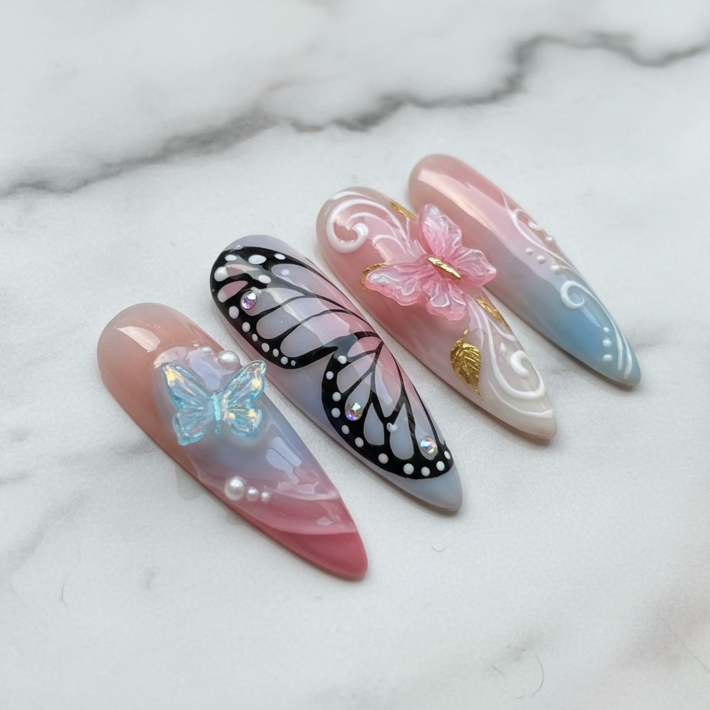 Close-up monarch butterfly wing rhinestone aurora press-on nails texture gloss — LuxepressCo