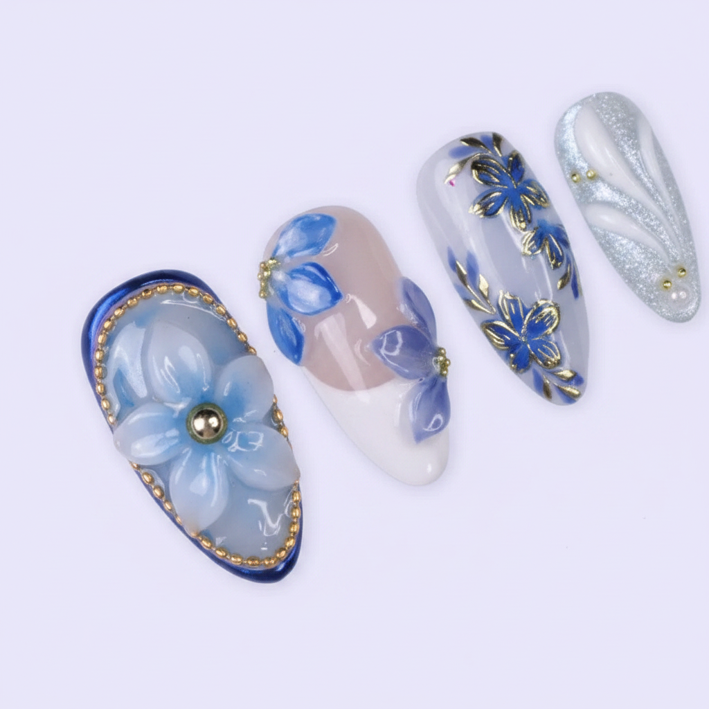 Macro close-up blue 3D floral gold butterfly iridescent aurora pearl almond custom press-on nails — LuxepressCo