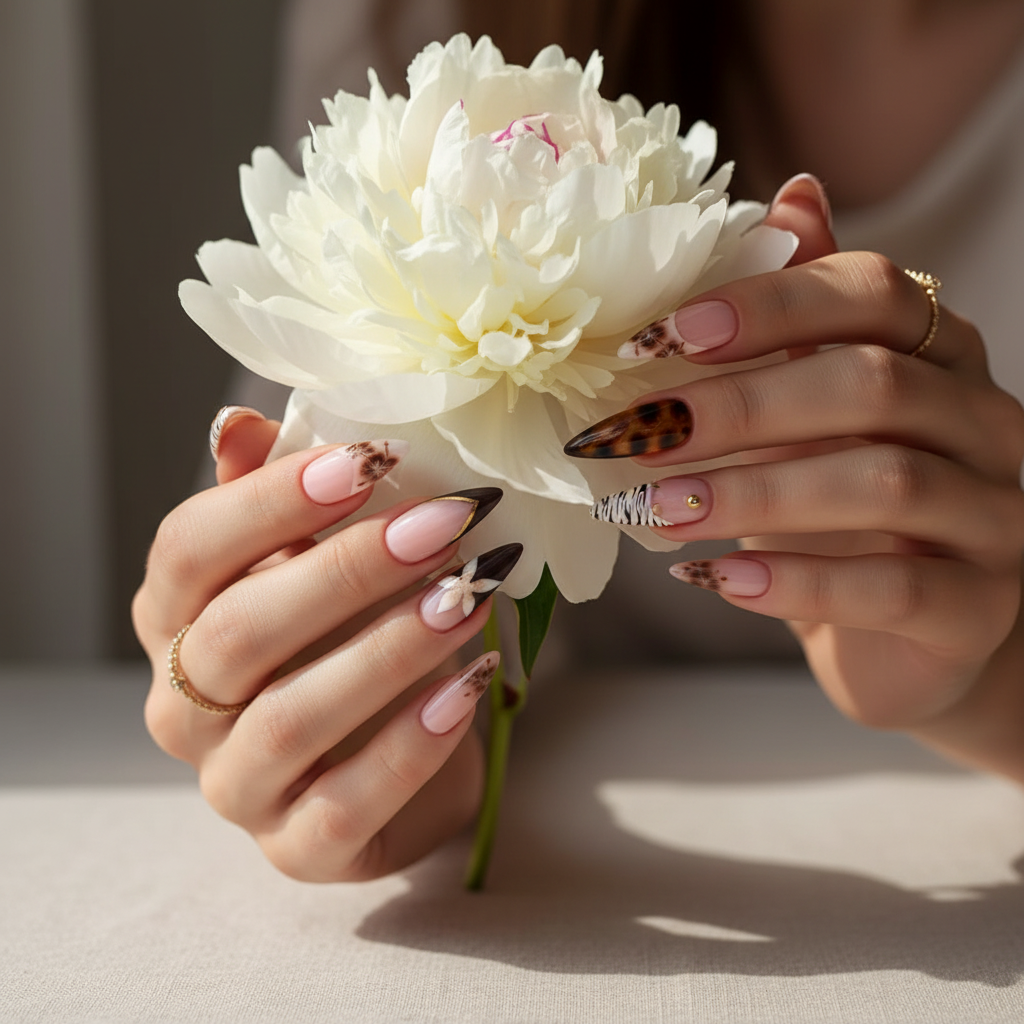 Light skin hands holding peony flower wearing tortoiseshell floral custom press-on nails — LuxepressCo