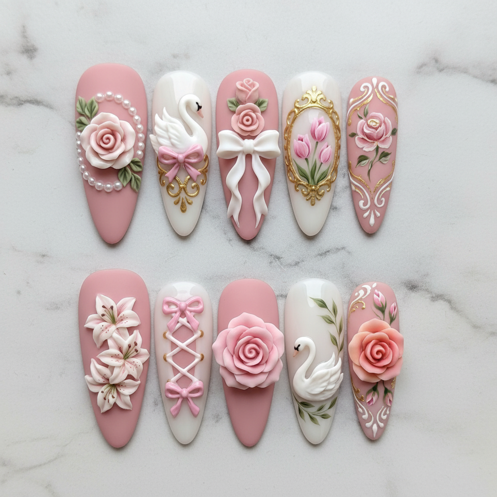 Flat lay top-down full set 10 pink white 3D rose swan baroque luxury press-on nails marble background reusable nails — LuxepressCo