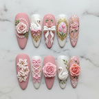 Flat lay top-down full set 10 pink white 3D rose swan baroque luxury press-on nails marble background reusable nails — LuxepressCo
