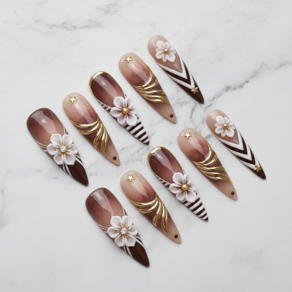 Full set 10 luxury stiletto press-on nails brown ombre 3D floral gold foil marble background studio — LuxepressCo