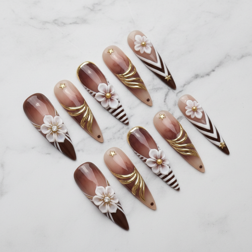 Full set 10 luxury stiletto press-on nails brown ombre 3D floral gold foil marble background studio — LuxepressCo