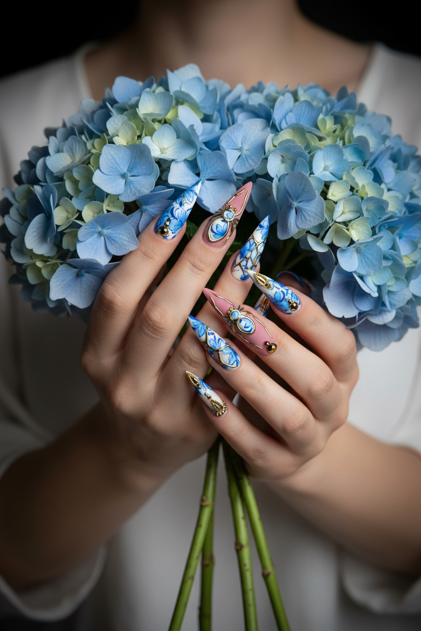Fair-skin lifestyle mauve gold kintsugi blue porcelain spider custom press-on nails holding blue hydrangea — LuxepressCo