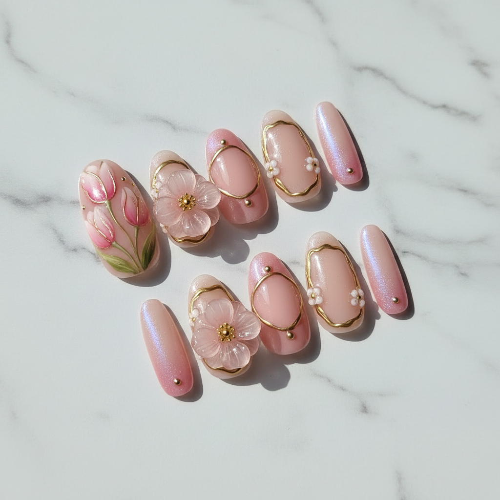 Pink blossom 3D flower charm flat lay 10 custom press-on nails overhead white marble — LuxepressCo