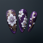 Close-up macro 3D white flower embellishment pearl bead center purple chrome shimmer custom press-on nails dramatic lighting — LuxepressCo