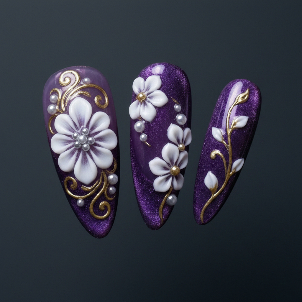 Close-up macro 3D white flower embellishment pearl bead center purple chrome shimmer custom press-on nails dramatic lighting — LuxepressCo