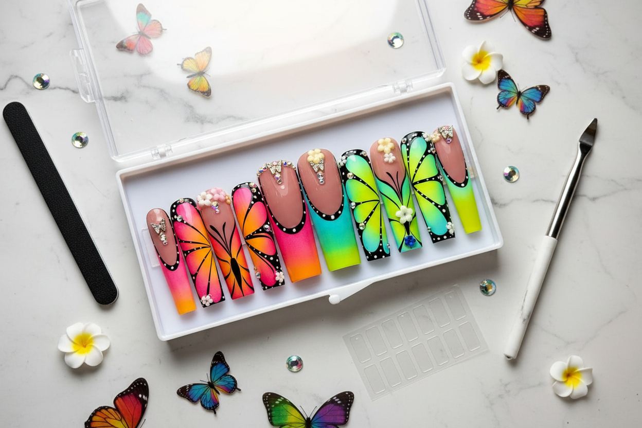 Luxury unboxing acrylic box butterfly wing teal lime pink orange ombre press-on nails with accessories — LuxepressCo