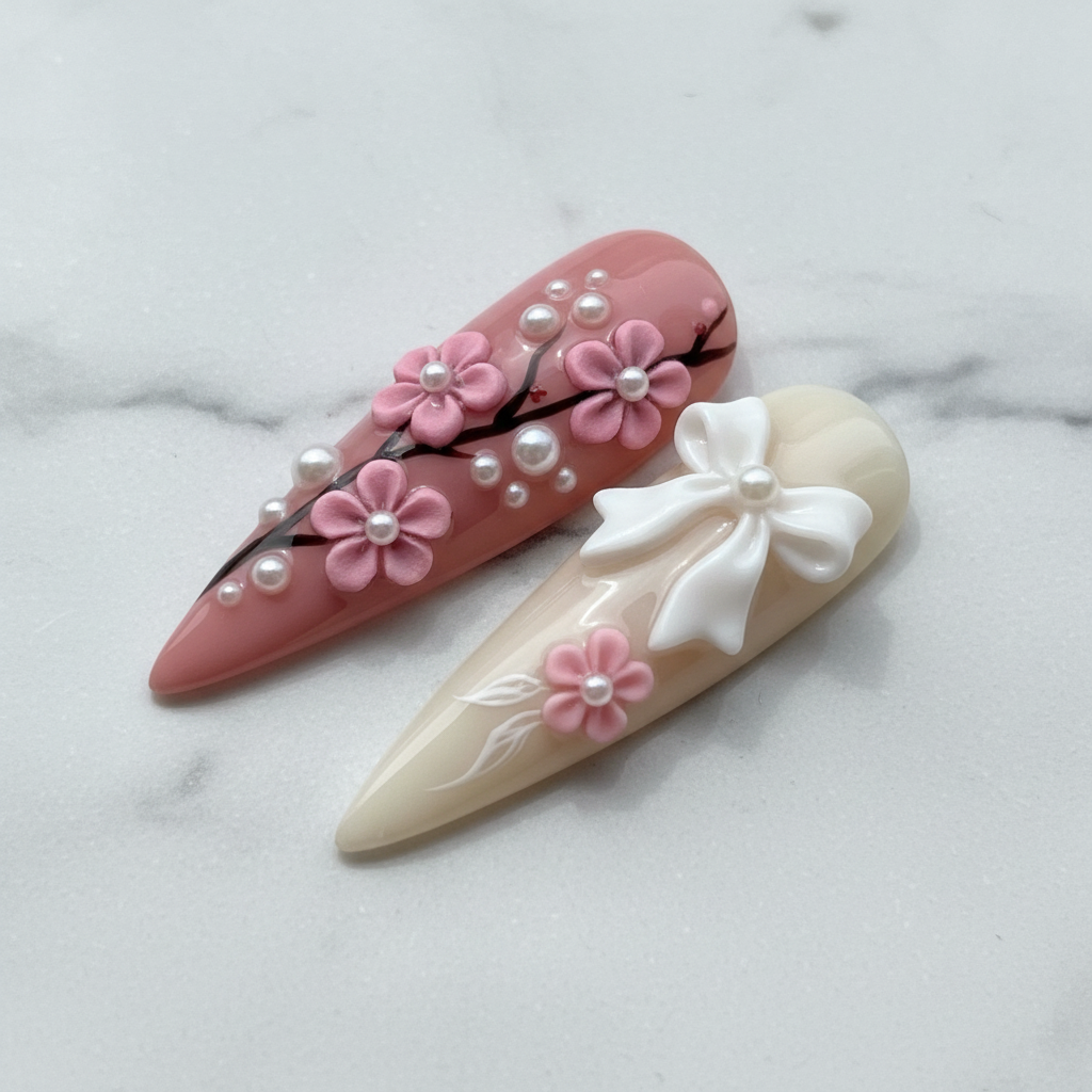 Close-up cream nude base cherry blossom hand-painted 3D flowers pearl beads stiletto press-on nails glossy texture salon-quality nails — LuxepressCo