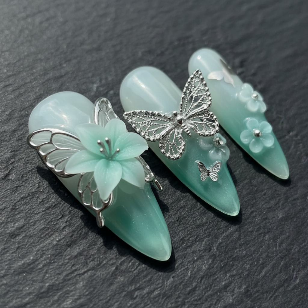 Close-up macro silver filigree butterfly charm 3D translucent mint flower aurora shimmer custom press-on nails dramatic — LuxepressCo