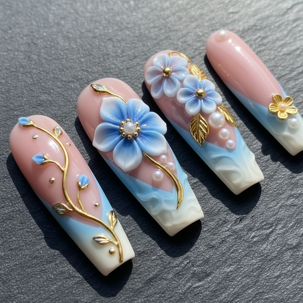 Macro close-up 3D blue flower pearl center gold vine custom press-on nails dramatic lighting — LuxepressCo