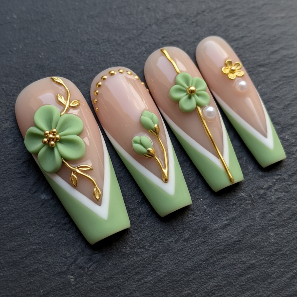 Macro close-up sage green 3D clay flower press-on nails gold vine pearl detail dark background — LuxepressCo