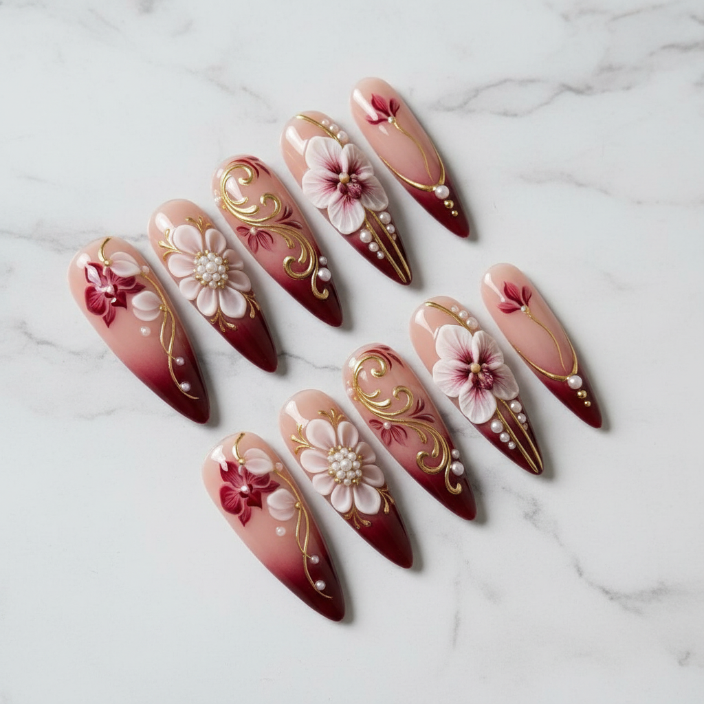 Full set 10 burgundy 3D floral pearl gold filigree custom press-on nails on marble background — LuxepressCo